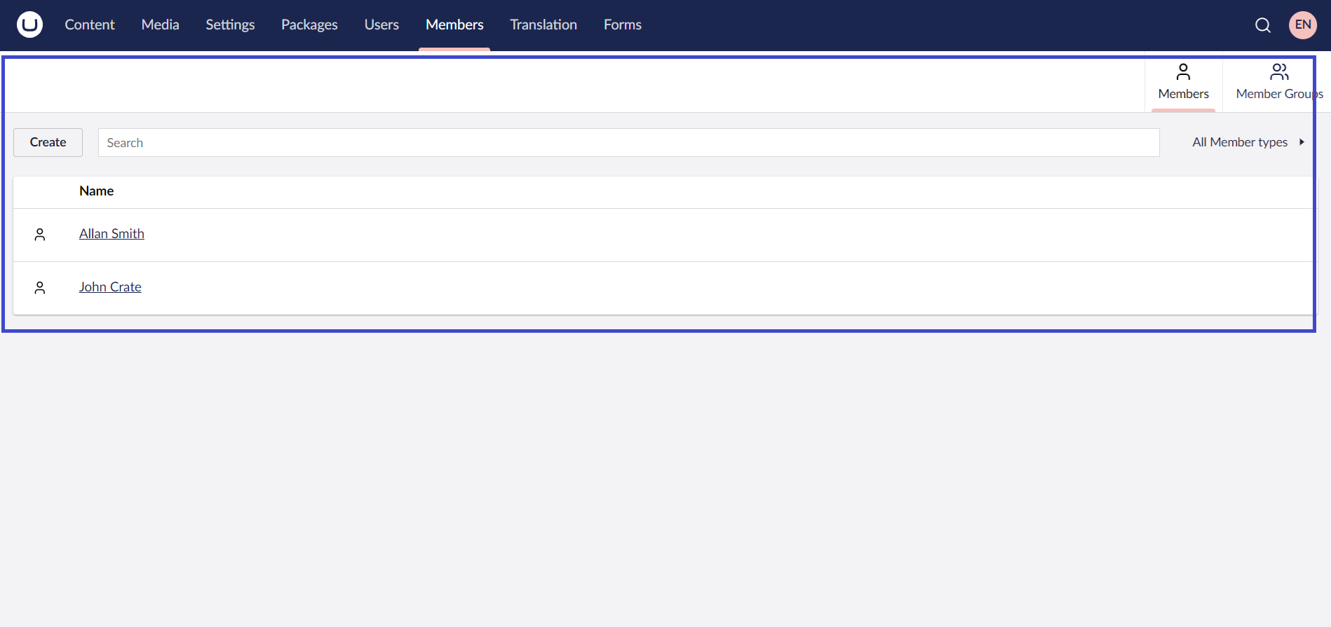 Umbraco Backoffice Membri