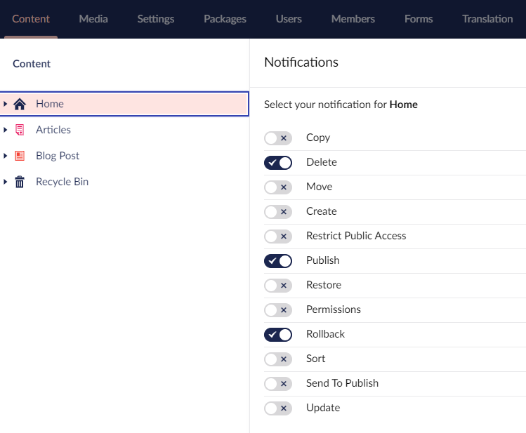 Umbraco Notifiche Seleziona le azioni