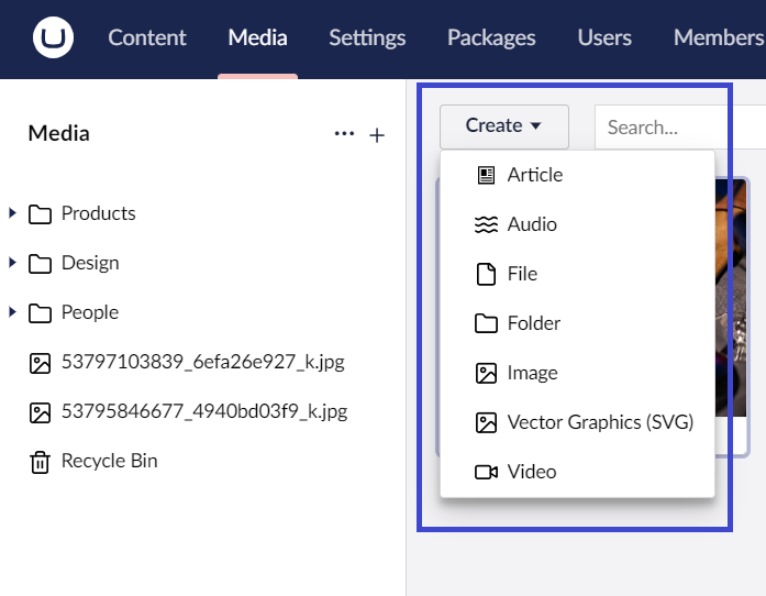 Umbraco Backoffice Media Types