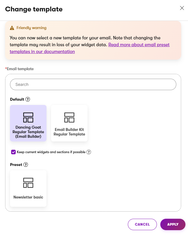 Xperience Template dell’Email Builder Modificare i template di email esistenti Cambio template