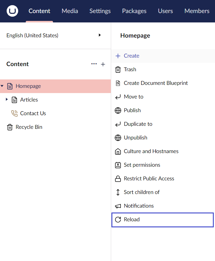 Umbraco Aggiornamento della vista ad albero