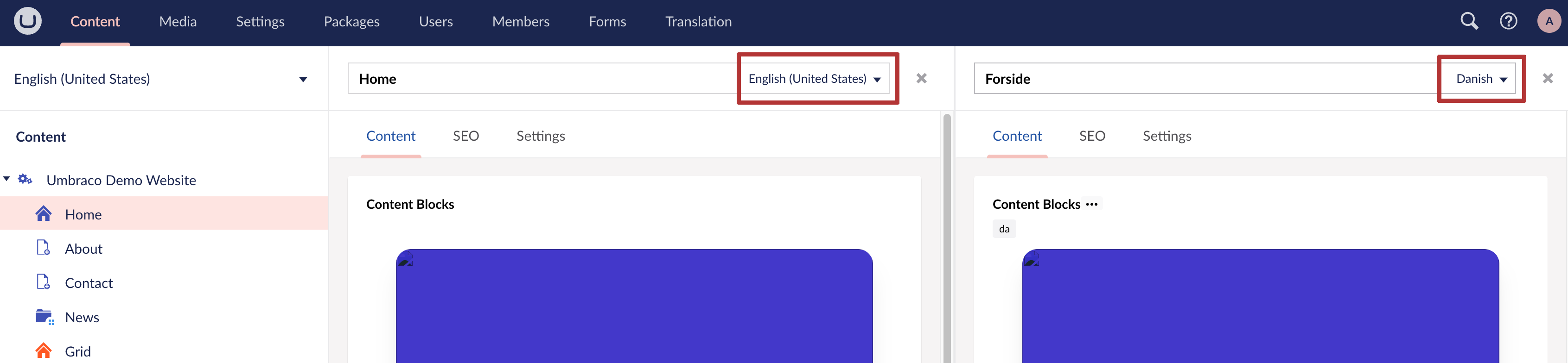 Umbraco Lingue Visualizzazione divisa per confrontare due lingue Divisione della schermata