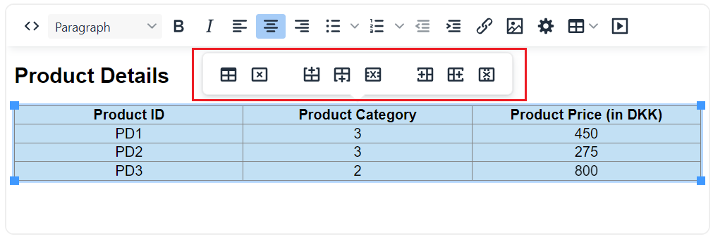 Umbraco Lavorare con il Rich Text Editor Tabelle Modificare una tabella esistente