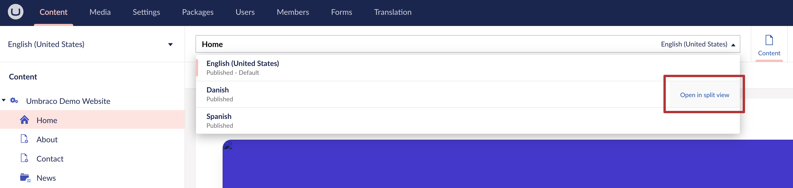 Umbraco Lingue Visualizzazione divisa per confrontare due lingue