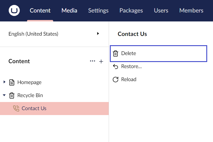 Umbraco Eliminare e ripristinare pagine Svuotare il cestino Eliminare dal cestino
