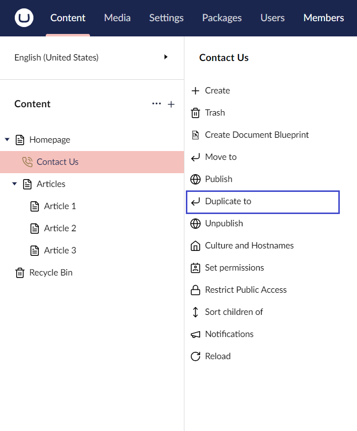 Umbraco Copiare una pagina Opzione 1