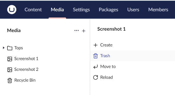 Umbraco Lavorare con i Tipi di Media Eliminare un elemento media
