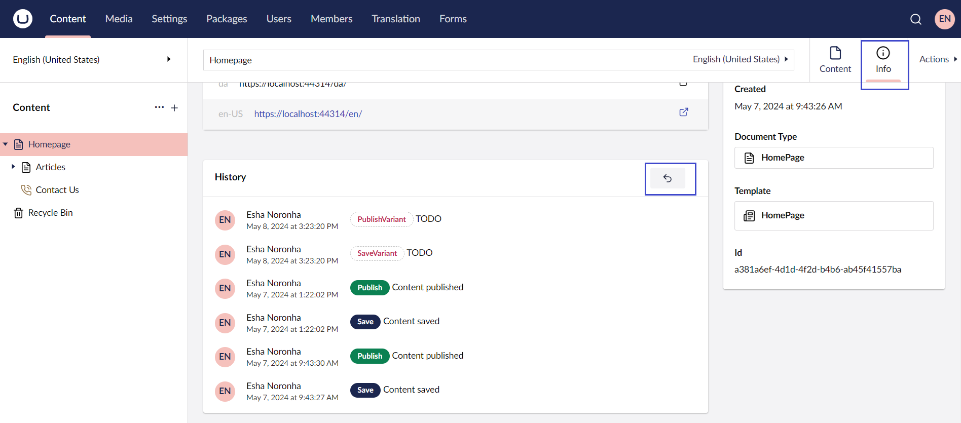 Umbraco Confrontare le versioni