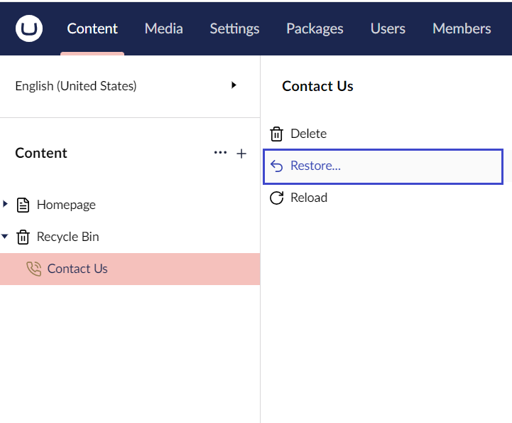 Umbraco Eliminare e ripristinare pagine Ripristinare una pagina eliminata dal cestino