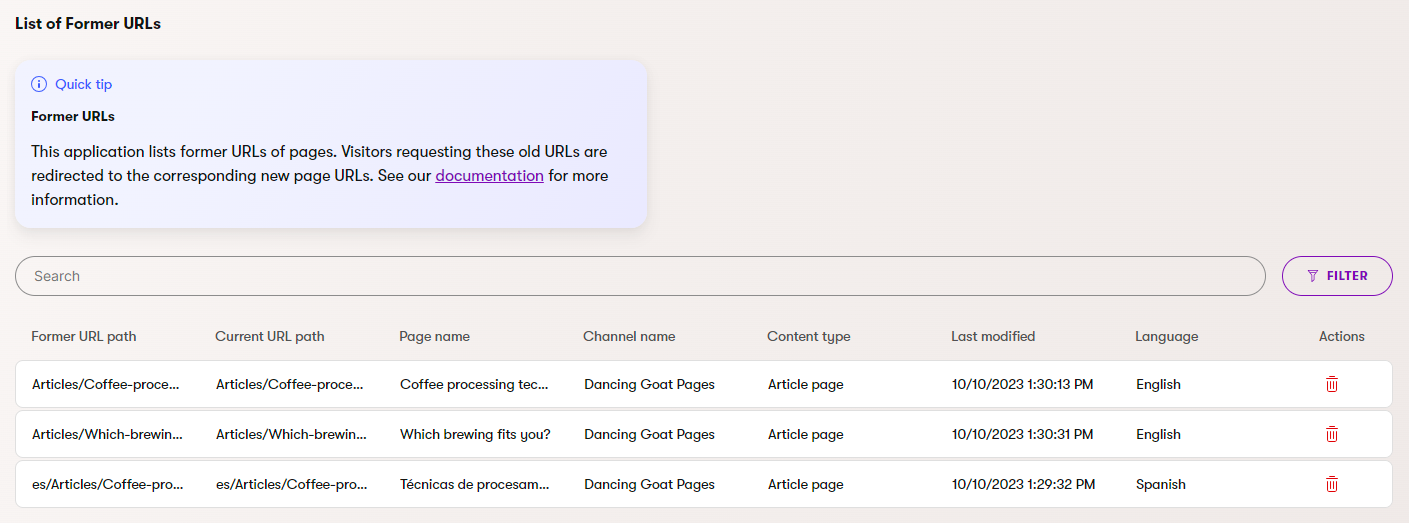 Xperience Configurare URL precedenti per memorizzare gli URL modificati