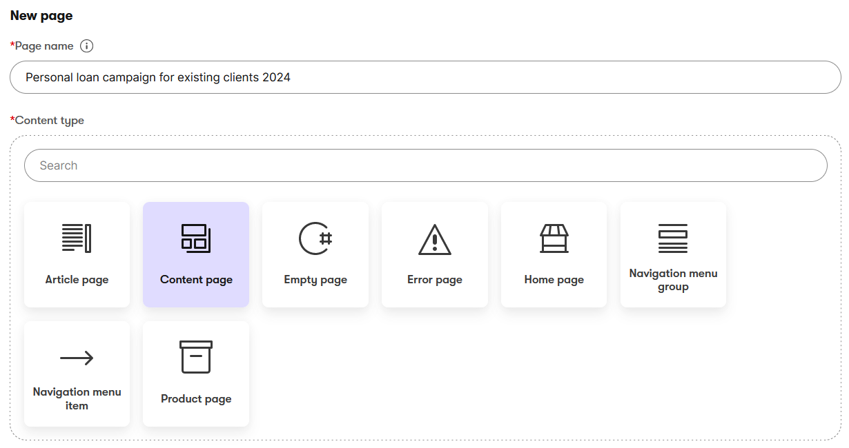 Xperience Creare una landing page a partire dai componenti della pagina Selezionare Content page