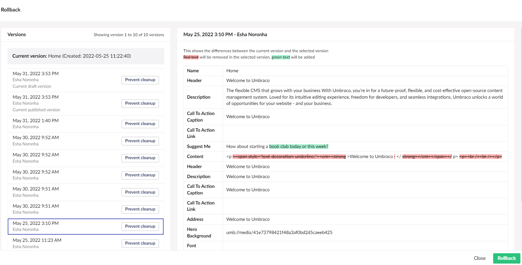 Umbraco Confrontare le versioni Confronto