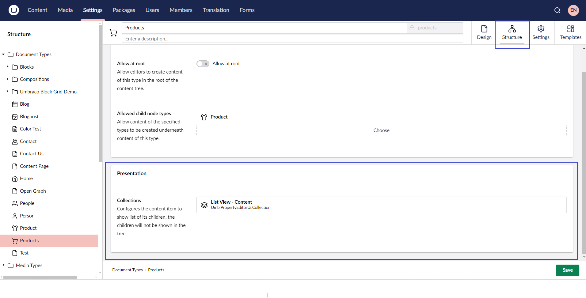 Umbraco Visualizzazione del layout della pagina Collection