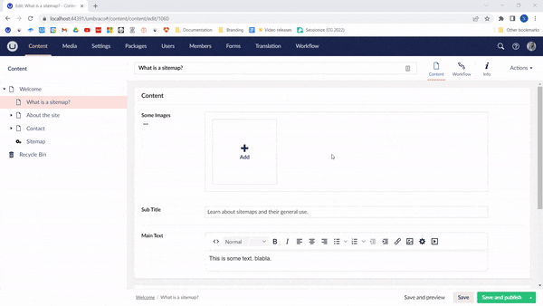 Umbraco Aggiungere media tramite la sezione Content Finestra di dialogo