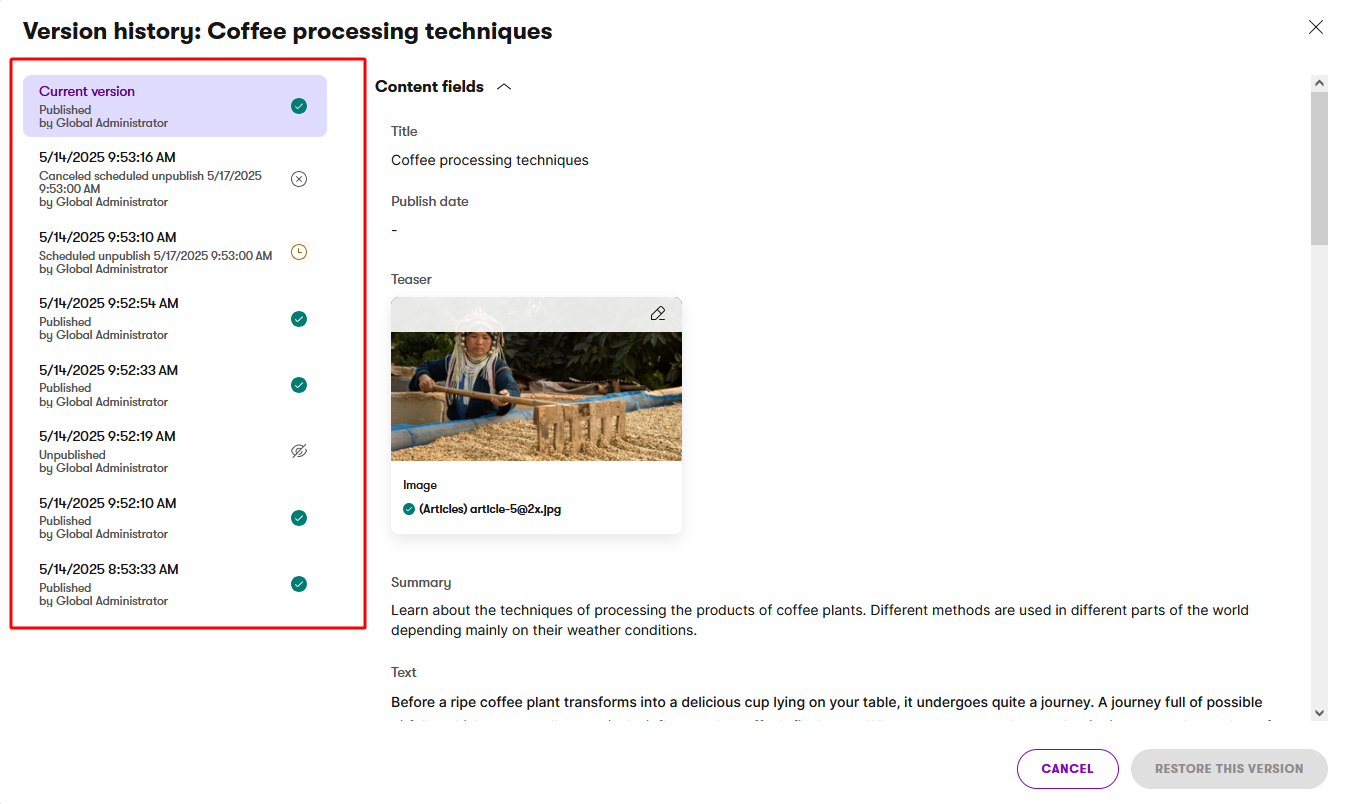Xperience Versionamento dei contenuti Visualizzare la cronologia delle versioni Versione corrente