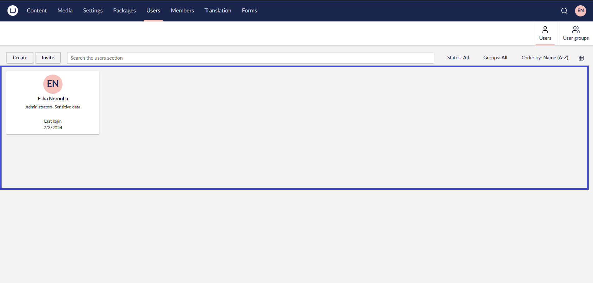 Umbraco Backoffice Utenti