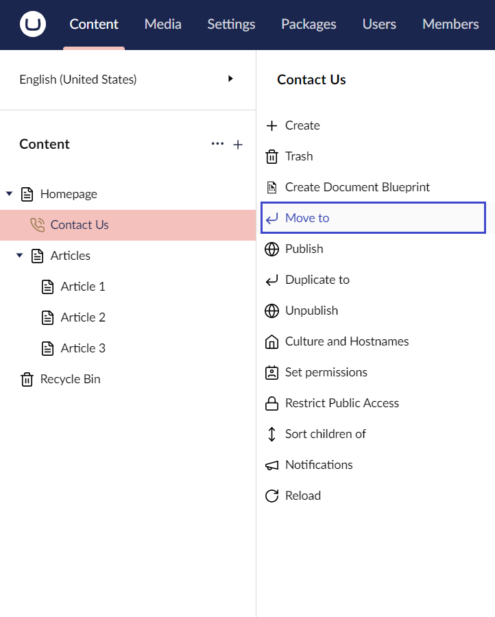 Umbraco Spostare una pagina Opzione 1