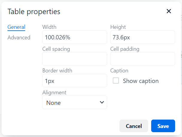 Umbraco Lavorare con il Rich Text Editor Tabelle Proprietà della tabella