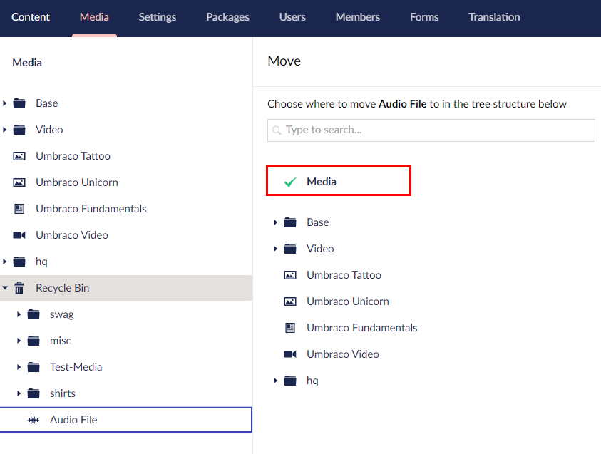 Umbraco Lavorare con i Tipi di Media Spostare un'immagine o un file Selezionare la destinazione
