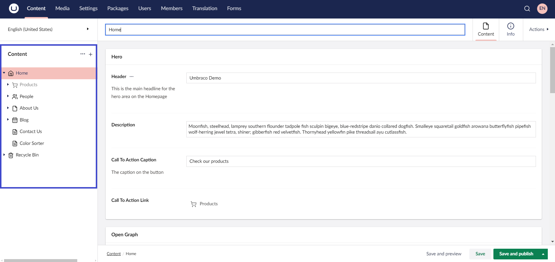 Umbraco Contenuto all'interno della vista ad albero