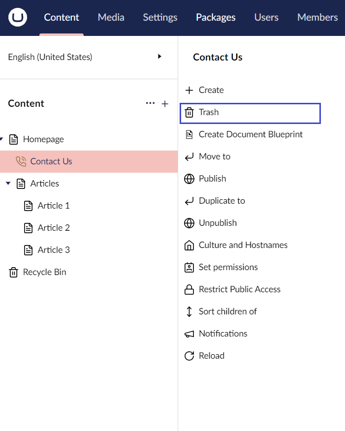 Umbraco Eliminare e ripristinare pagine Eliminare una pagina