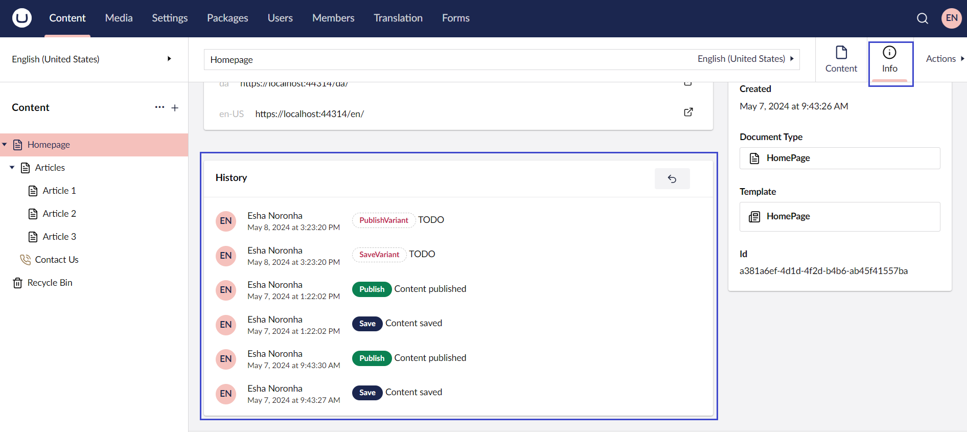 Umbraco Registro delle attività (Audit Trail) Scheda Info