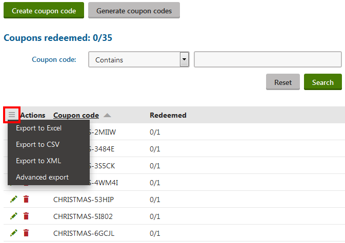 XTR K13 Lavorare con i codici coupon Esportazione dei codici coupon