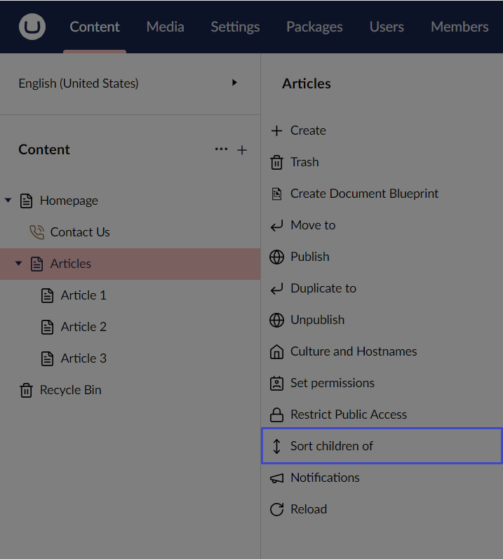 Umbraco Ordinare le pagine Opzione 1