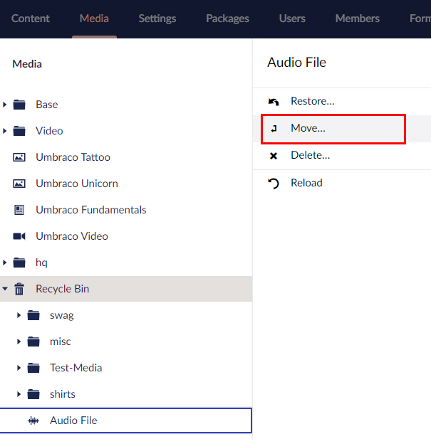Umbraco Lavorare con i Tipi di Media Spostare un'immagine o un file