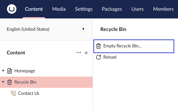 Umbraco Eliminare e ripristinare pagine Svuotare il cestino